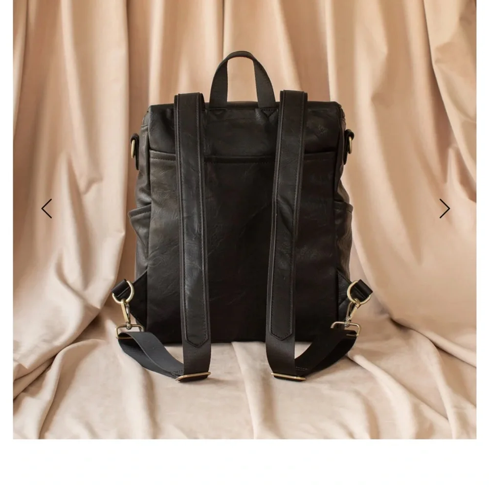 Vegan black leather diaper bag & leopard pouch